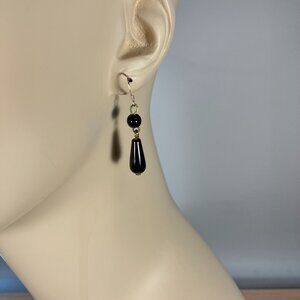 Handcrafted Black Onyx Teardrop Earrings  (1" Long)